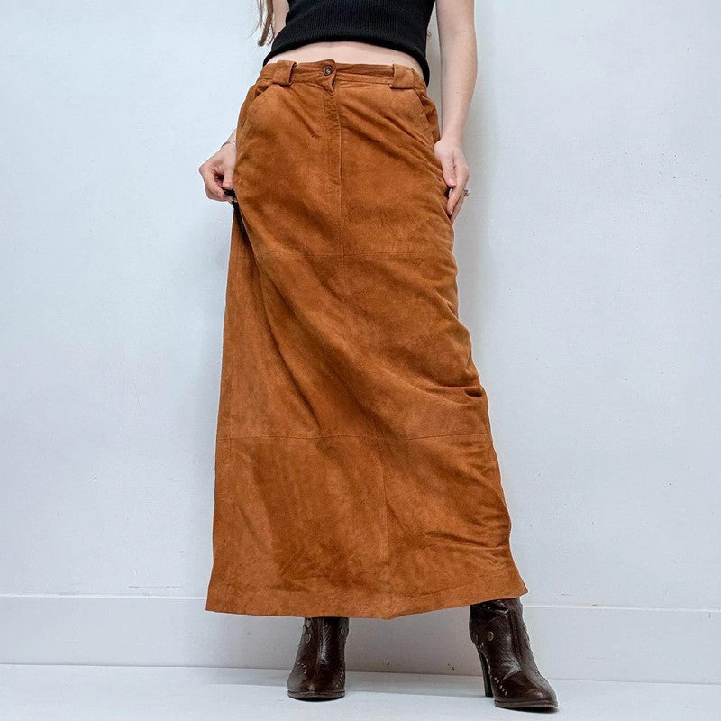 tan suede a-line maxi skirt