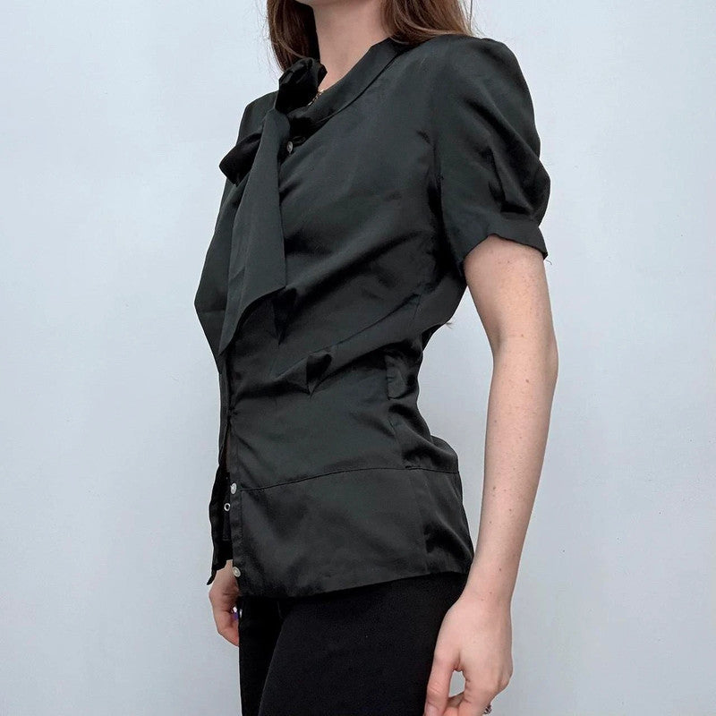 black satin fitted bow shirt