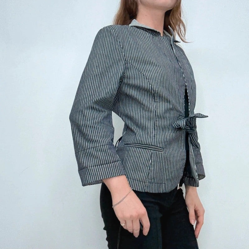 pinstripe morgan high neck popper jacket