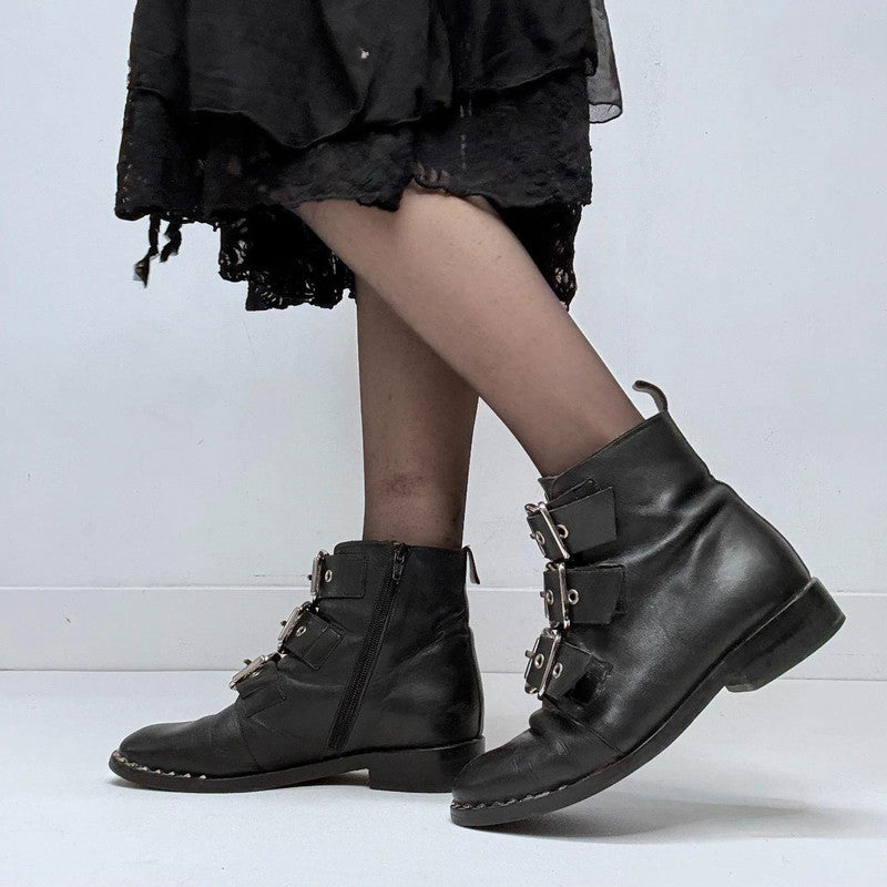 black leather studded buckle boots
