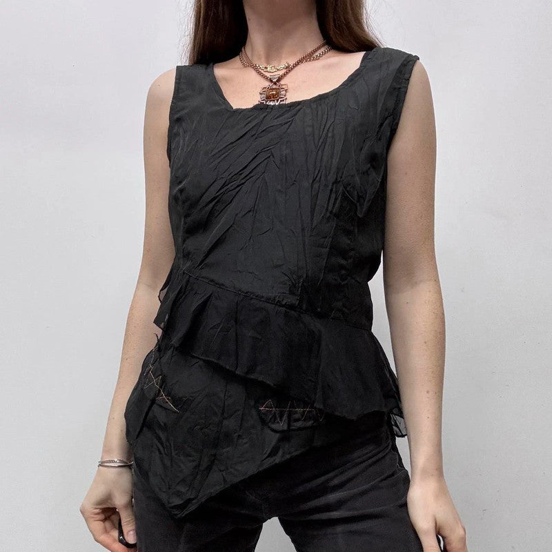 black crinkle layered flared vest