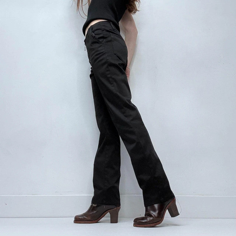 black zip front straight leg trousers