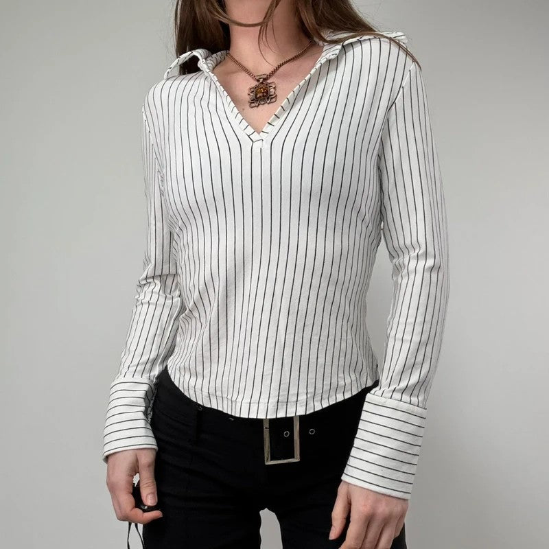 white pinstripe fitted flared shirt