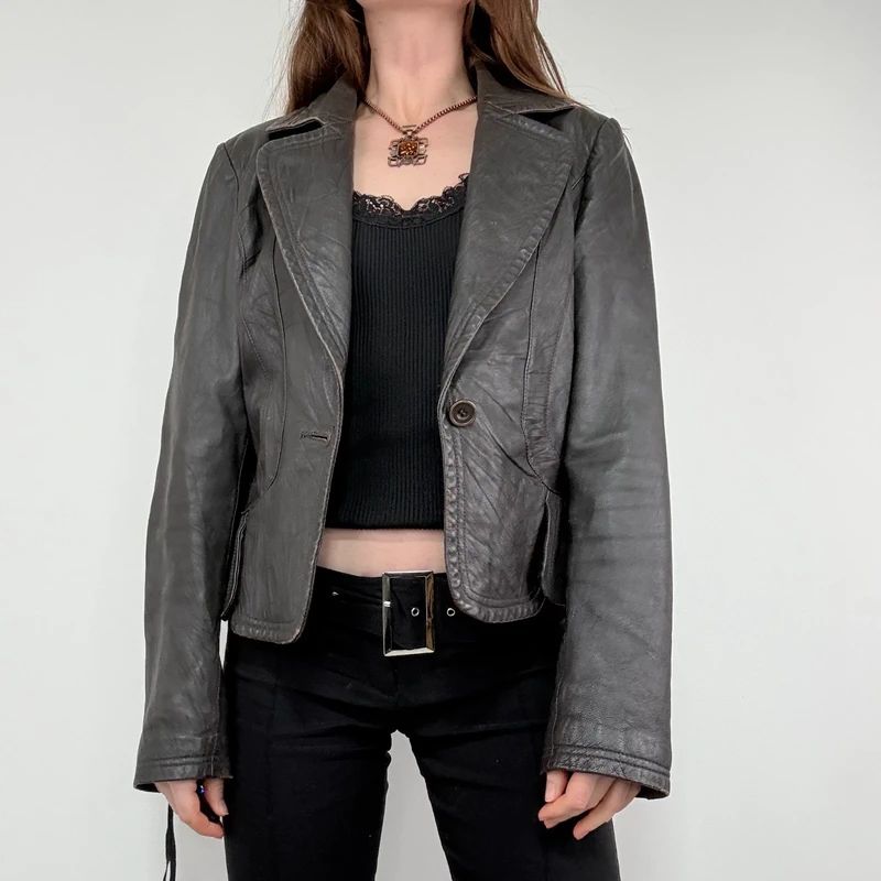 cropped dark brown leather jacket