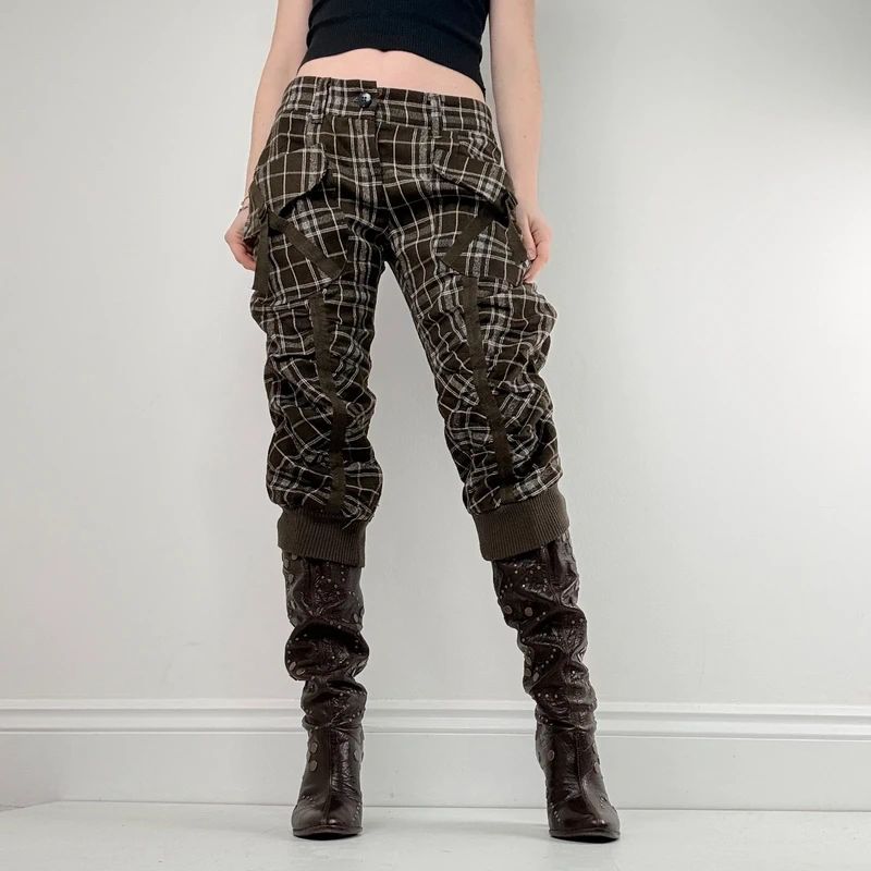 khaki tartan puff cinched capri trousers