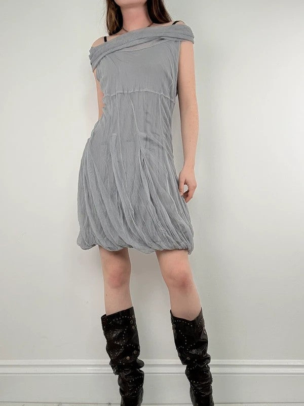 grey gathered slouchy puff midi dress