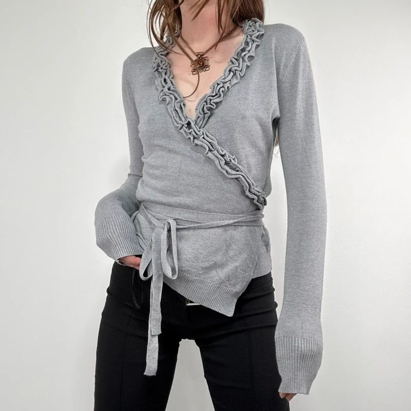 grey knit ruffle wrap cardigan