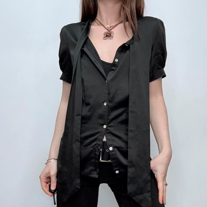 black satin fitted bow shirt