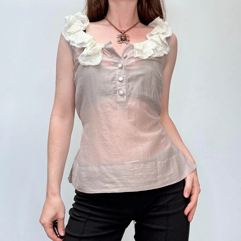 lace ruffle sheer silk cream shirt