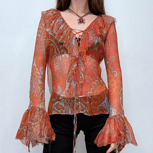 paisley sheer silk flared ruffle shirt