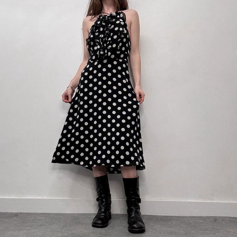 silk polka dot ruffle black and white dress