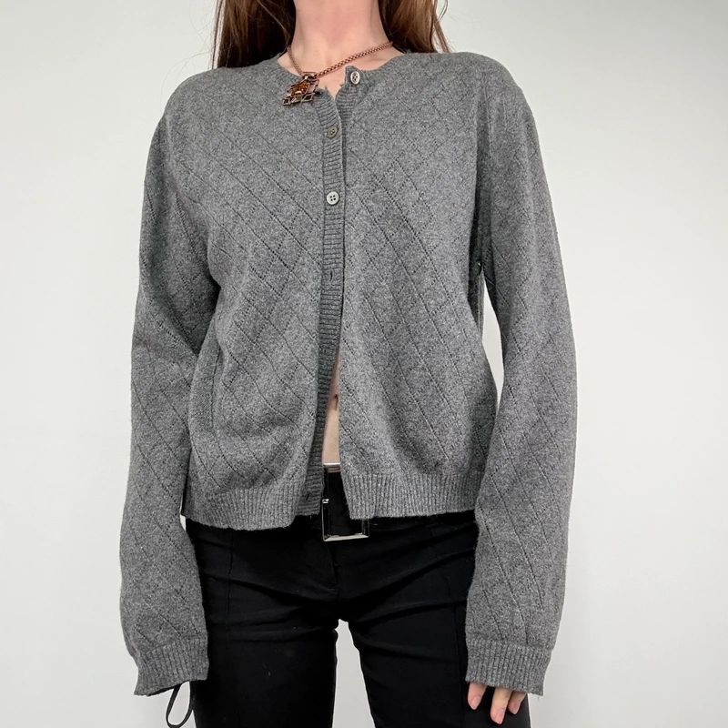 grey wool knitted pointelle cardigan
