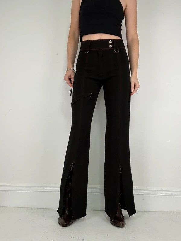 black pinstripe flared gothic d-ring utility trousers