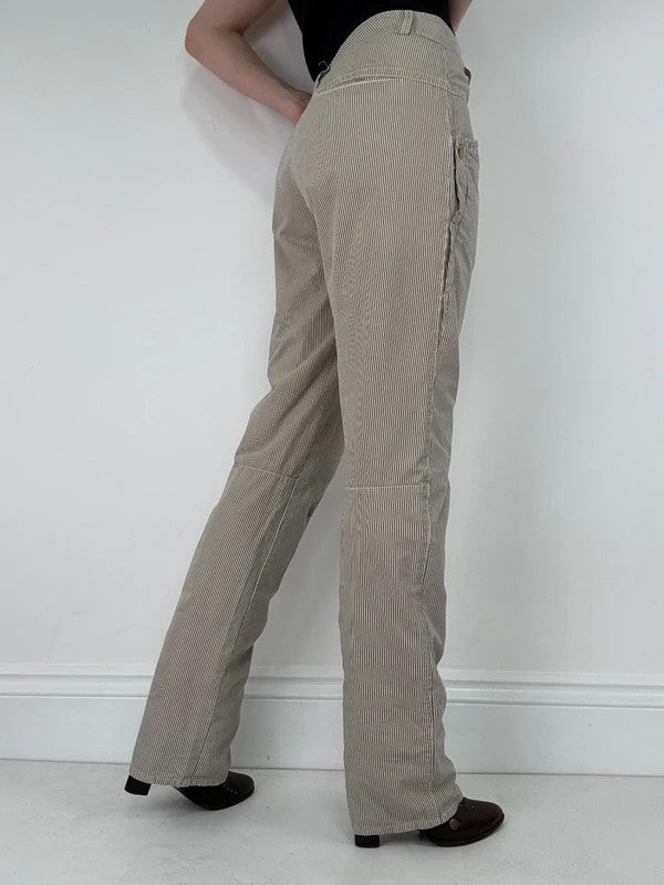 beige pinstripe cargo slim fit cotton trousers