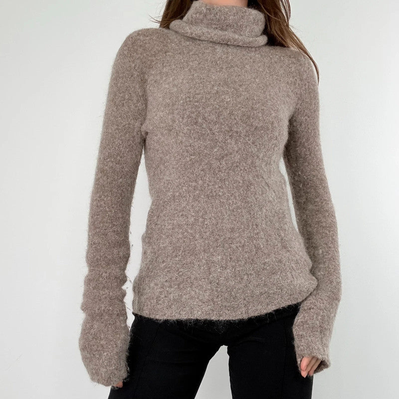 brown taupe fluffy knit mock neck