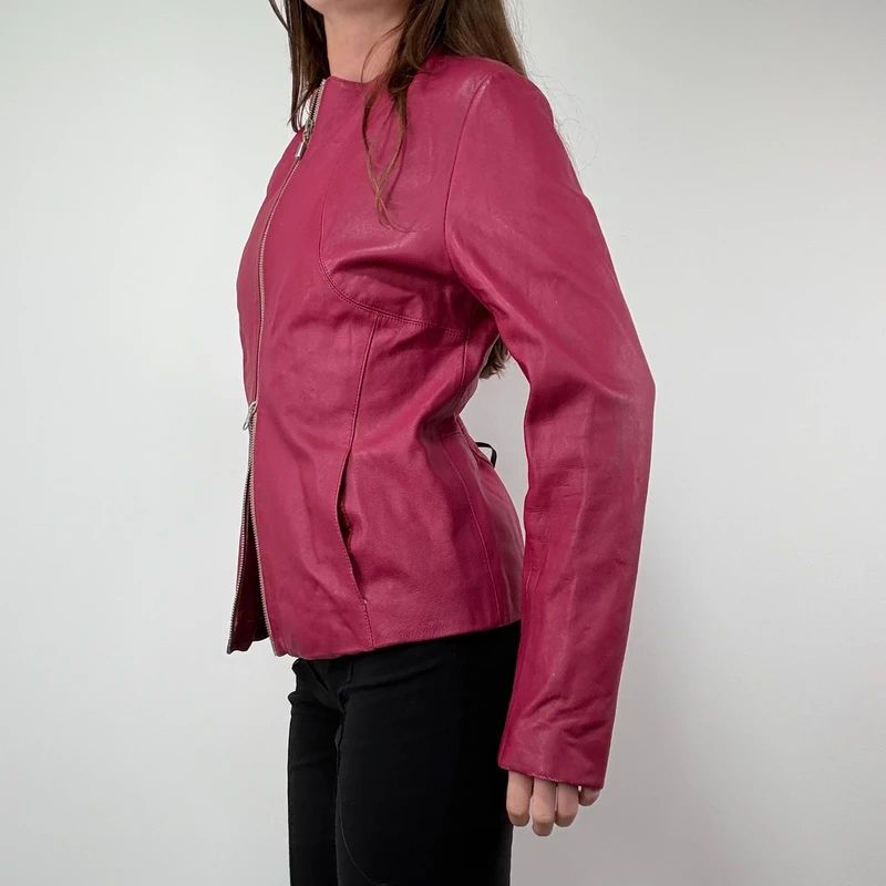 fitted 90s pink leather zip-up jacket