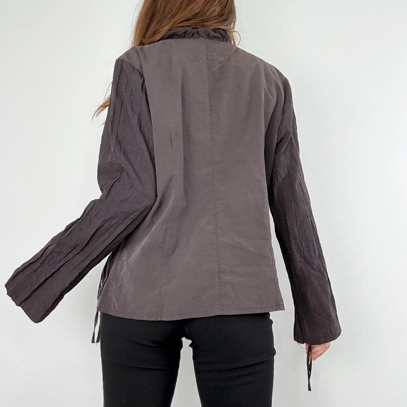 brown pinstripe gathered cinched shirt