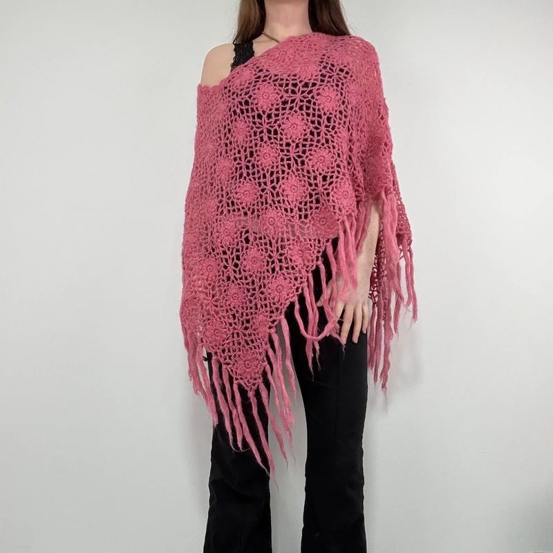 pink sheer knit crochet poncho