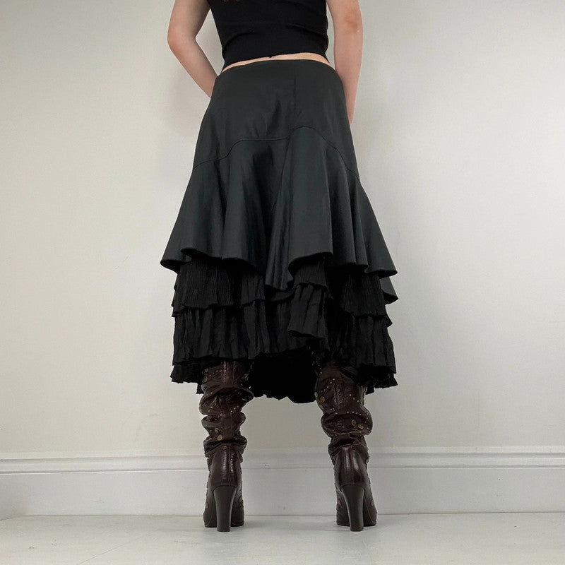 black pleated layered flared midi skirt
