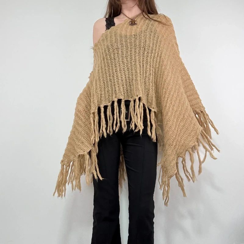 tan sheer knit crochet poncho