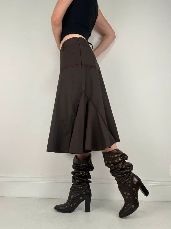 brown asymmetric waistband flared midi skirt