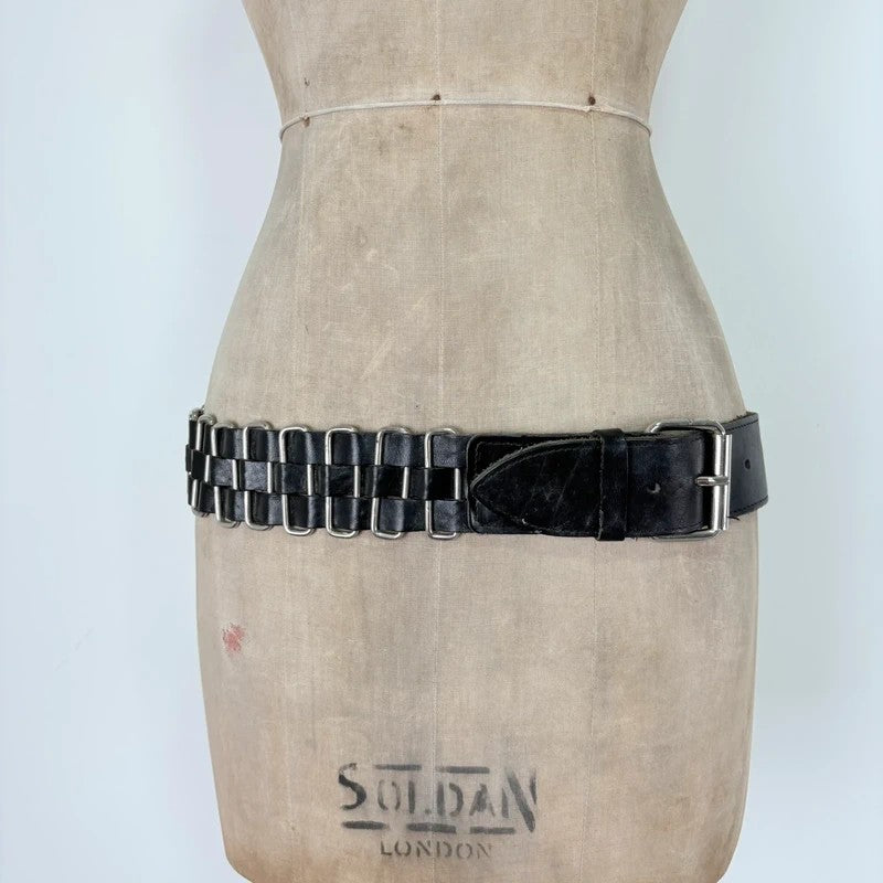 Black leather chunky metal belt