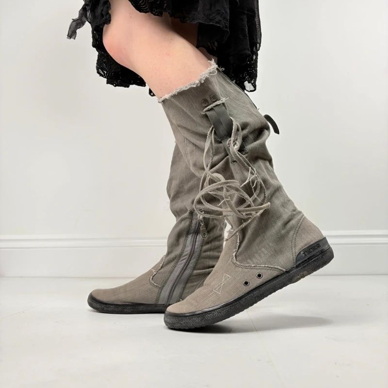 grey canvas slouchy trainer boots