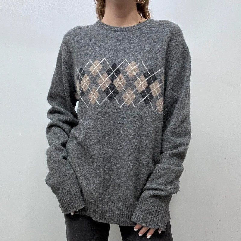 wool knitted grey argyle v-neck jumper