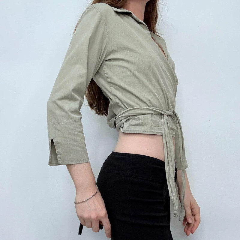 khaki green wrap cropped shirt