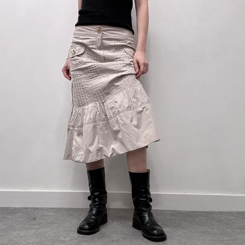 tan pleated flared midi skirt