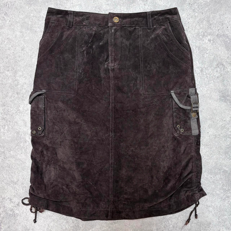 brown suede cargo midi skirt