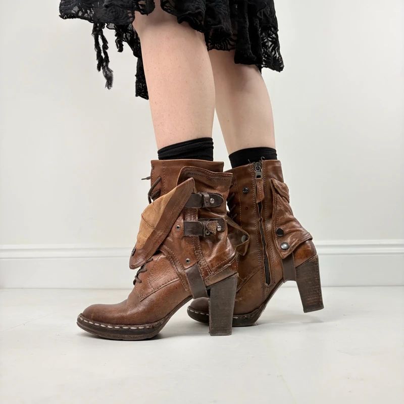 tan leather buckle gothic steampunk military boots