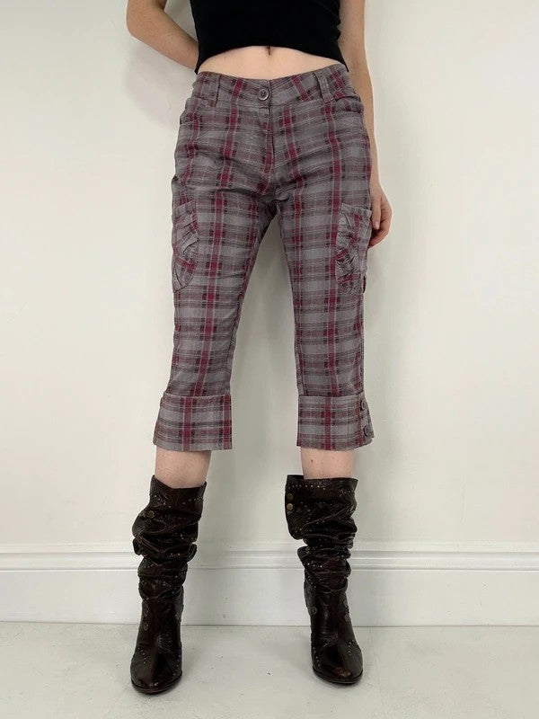 tartan checked red cargo denim capri pants