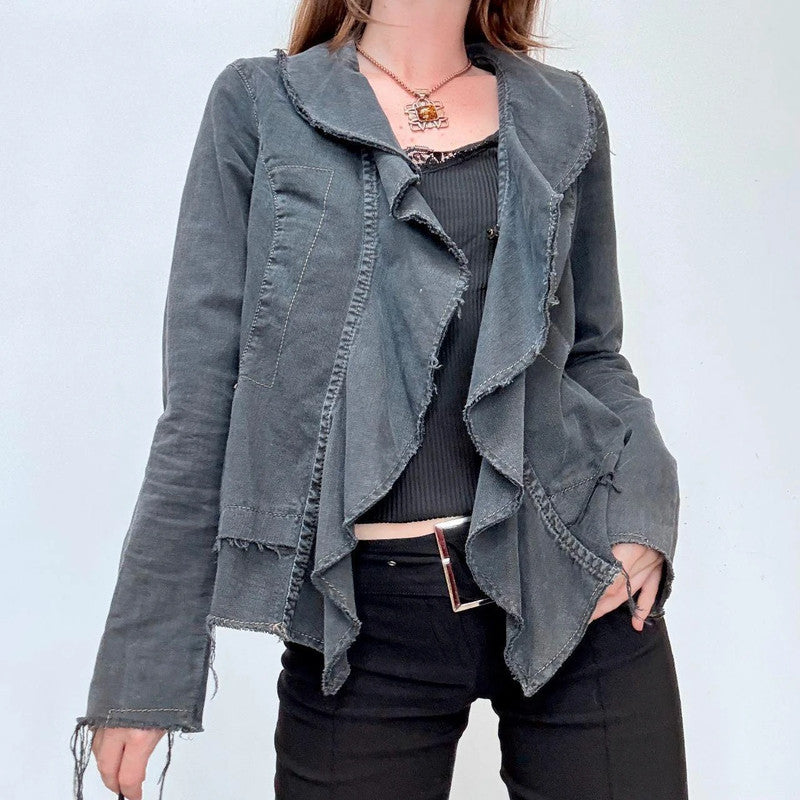 distressed black denim ruffle jacket