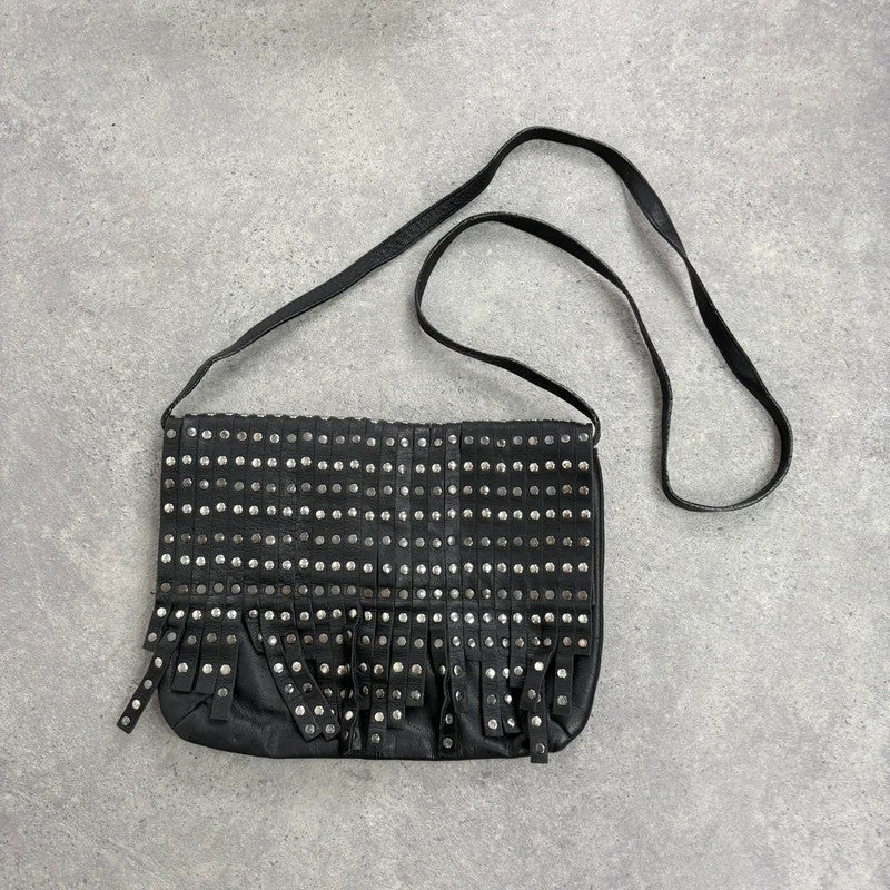 Black leather studded tassel crossbody bag