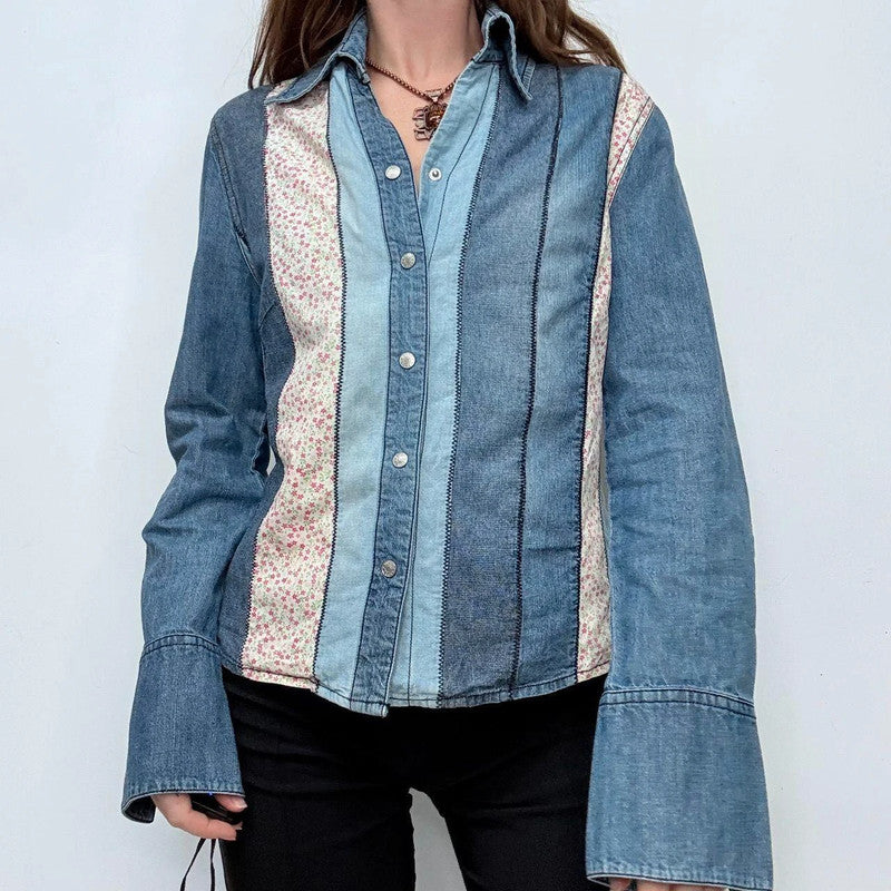 denim striped western floral shirt