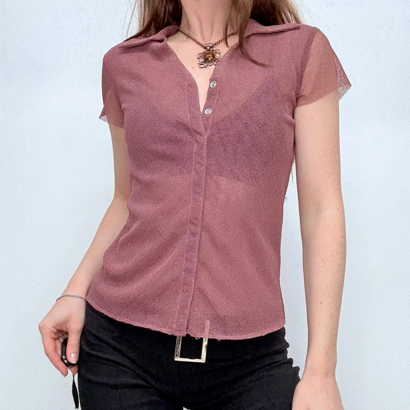 pink sheer mesh button shirt