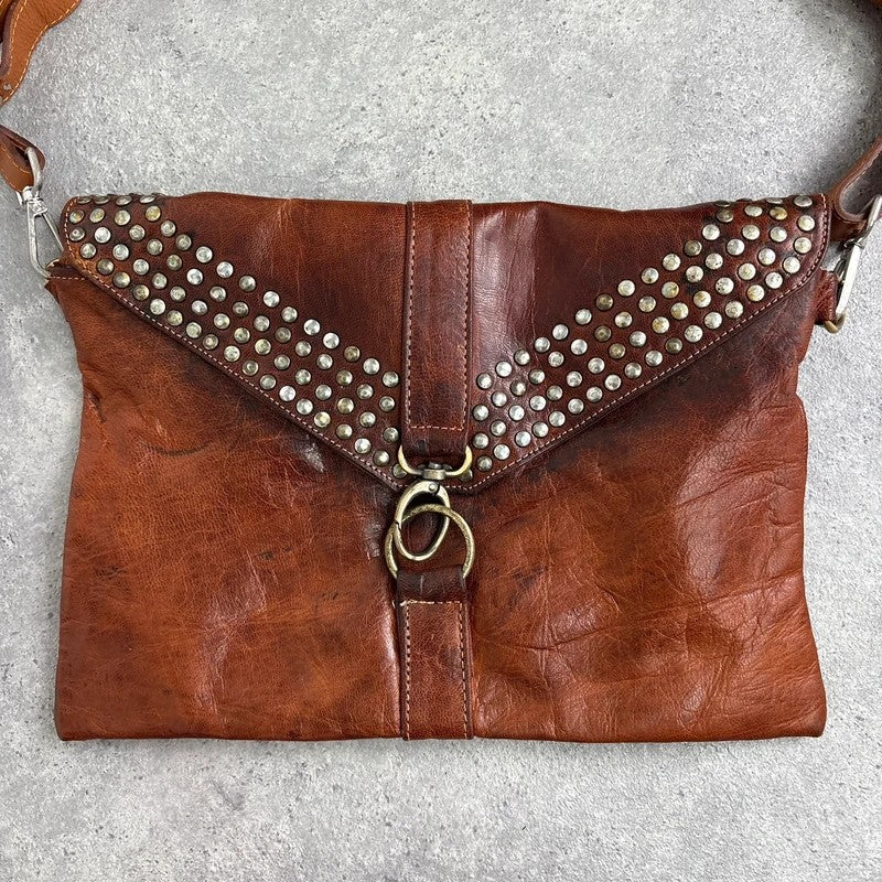 Studded distressed brown leather cargo messenger bag