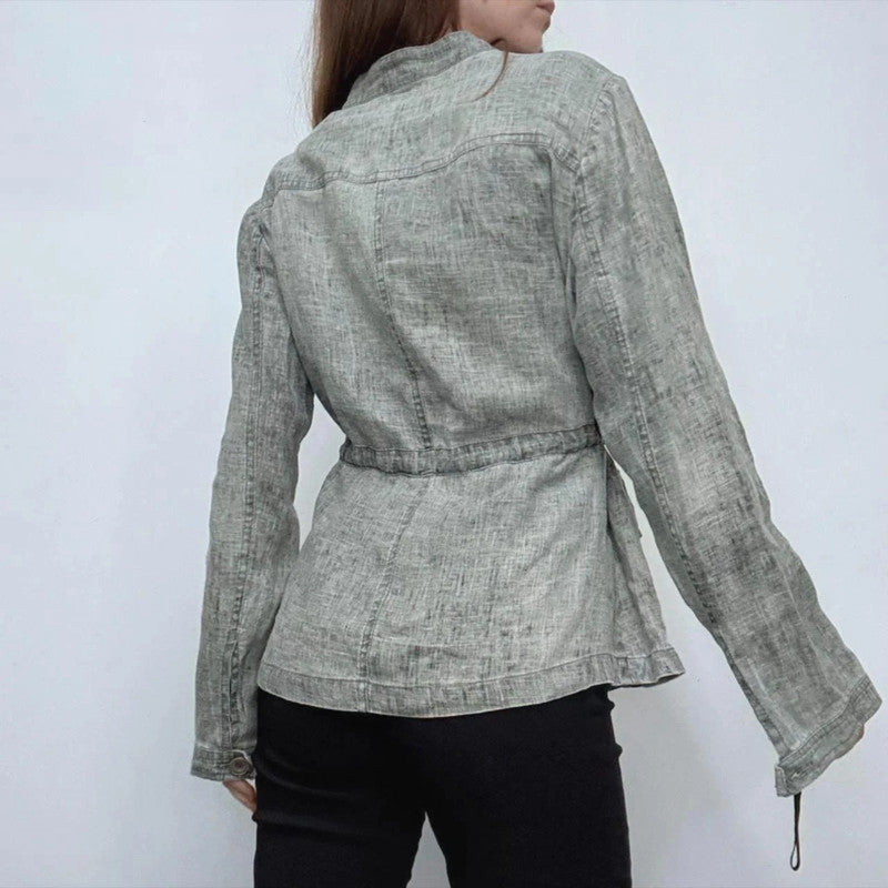 grey linen distressed cinched cargo shirt