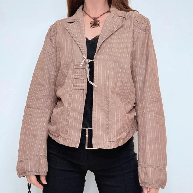 brown pinstripe fitted linen/cotton boxy pleated jacket