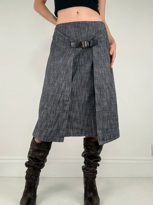 Pleated buckle front denim grunge midi skirt