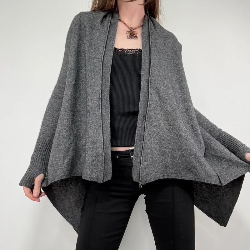 Asymmetric grey wool zip cardigan