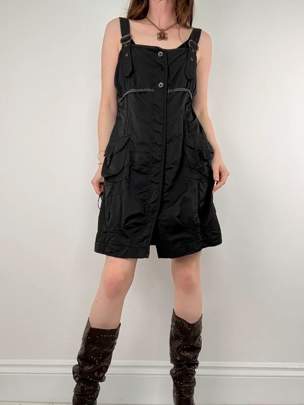 black grunge utility stuctured midi dress