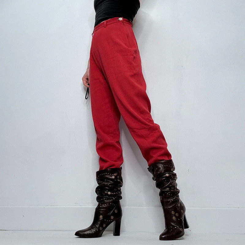 red pinstripe textured straight leg trousers