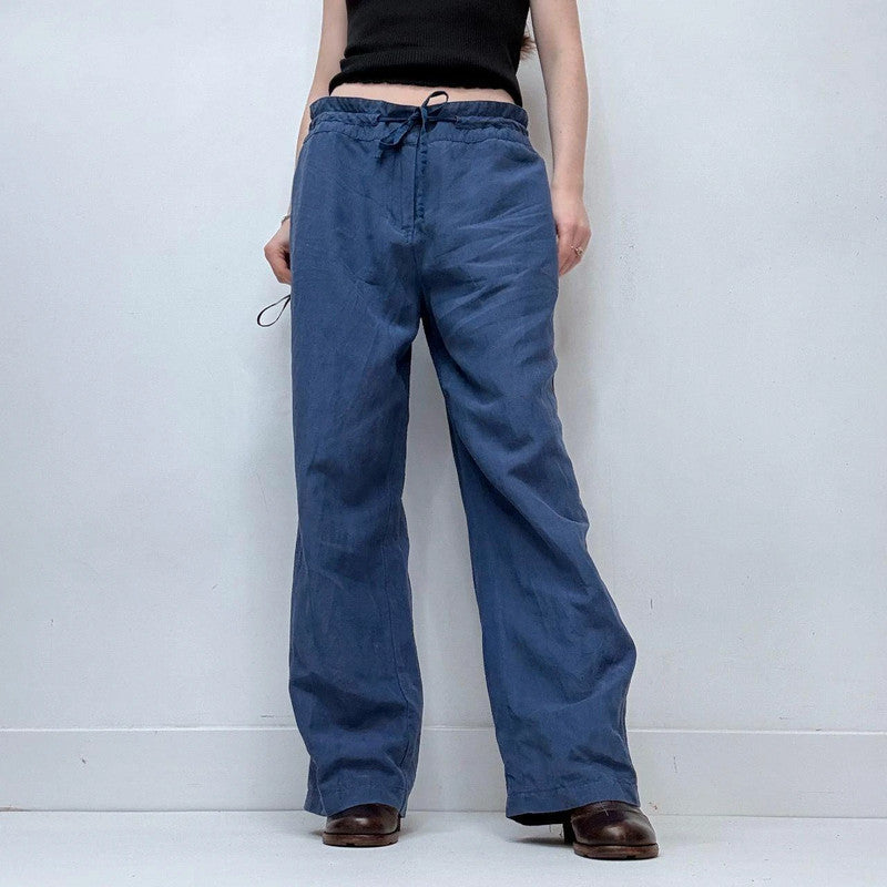 blue wide-leg linen silk drawstring trousers