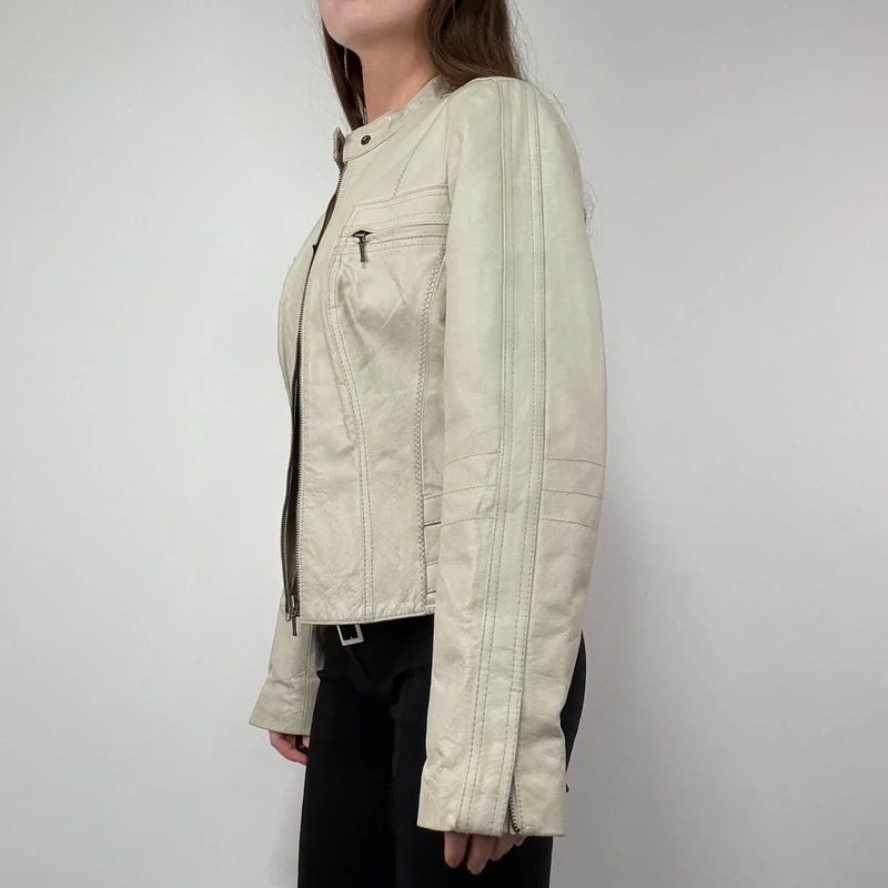 Cream Cropped Leather Biker Jacket