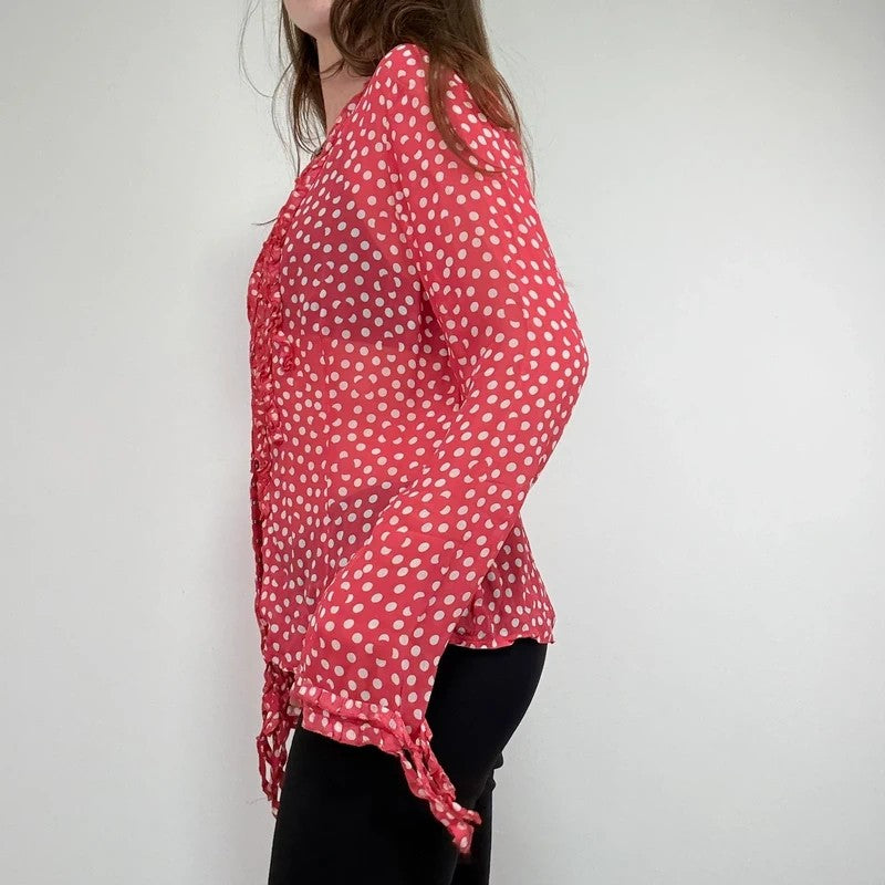 Red polka dot flutter fray blouse with hook and eyes