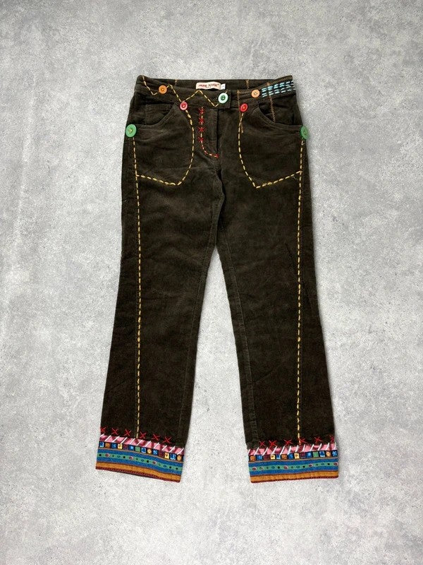 khaki corduroy embroidered hippy capri trousers