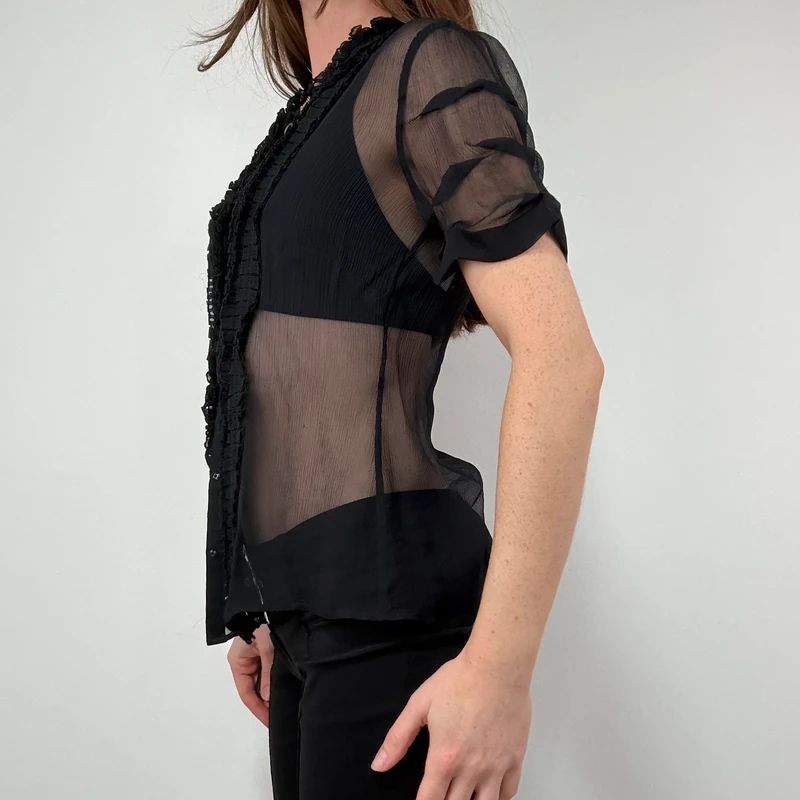 black sheer silk ruffle shirt with short sleeves