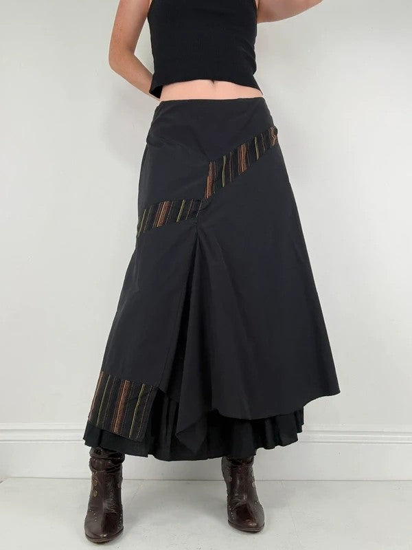Black flared pleated pinstriped layered maxi skirt